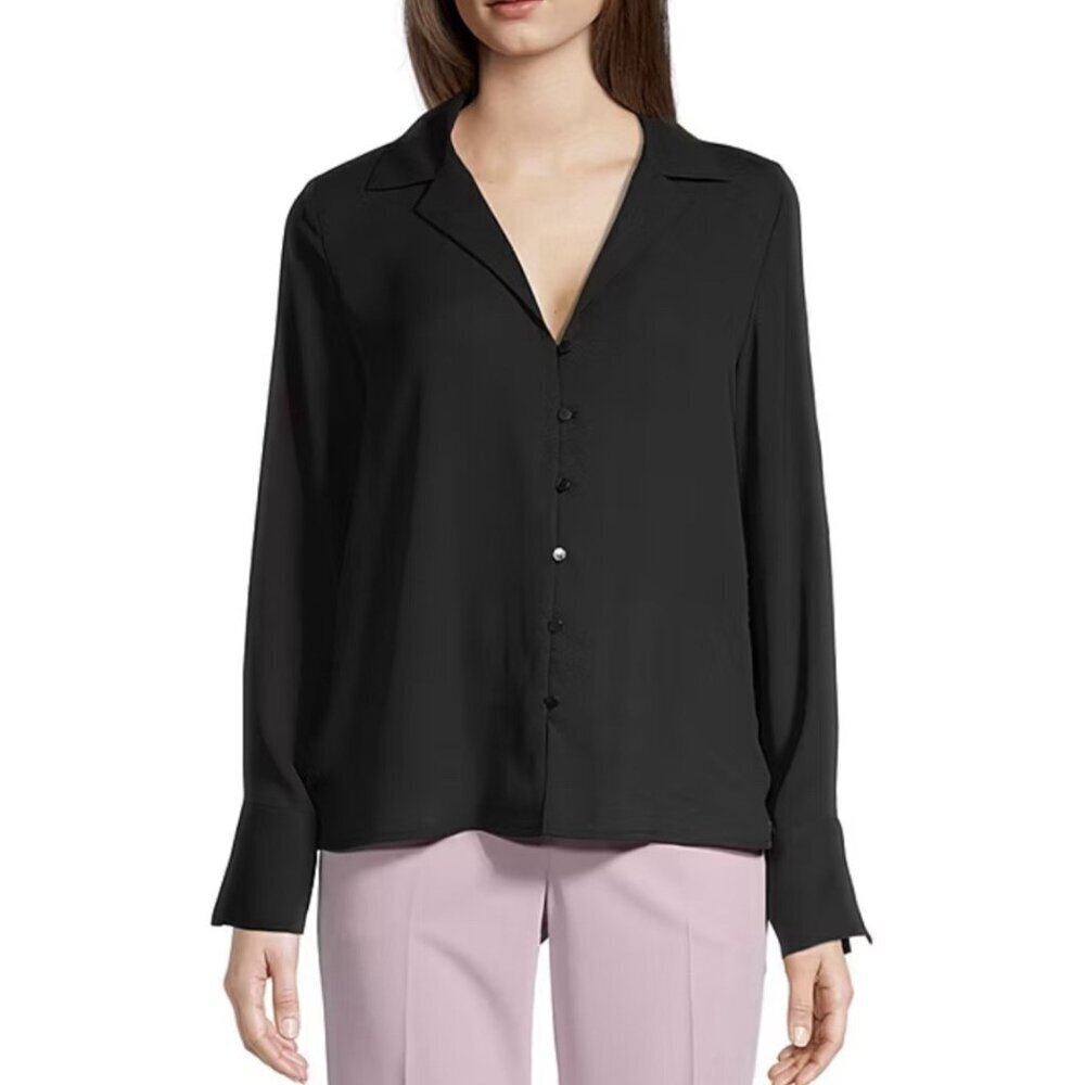 Worthington Women's Long Sleeve Camp Shirt Size XS Black Spread Collar NWT $44